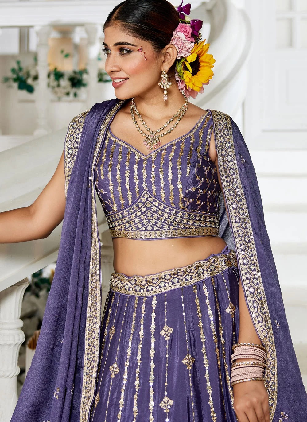 Violet Georgette Lehenga | Sequins & Embroidery – Best Lehenga for Sister