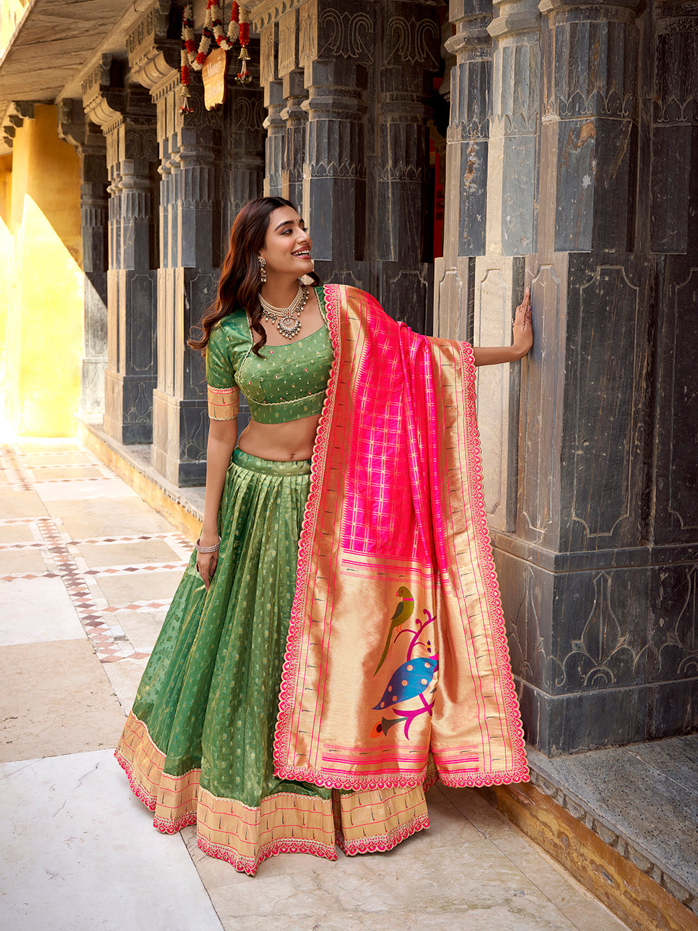 Green shimmer organza lehenga choli with zari weaving