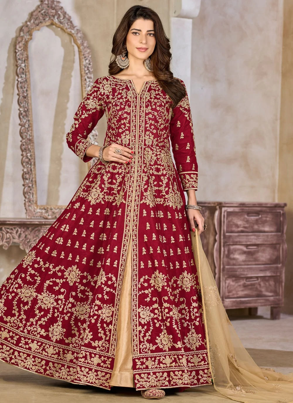 Maroon art silk abaya style suit front view with net dupatta