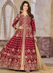 Maroon art silk abaya style suit front view with net dupatta