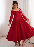 Maroon designer Anarkali with lace yoke and mirror lace dupatta