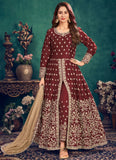 Maroon Art Silk Embroidery Slit Syle Anarkali Pant Suit