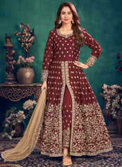 Maroon Art Silk Embroidery Slit Syle Anarkali Pant Suit