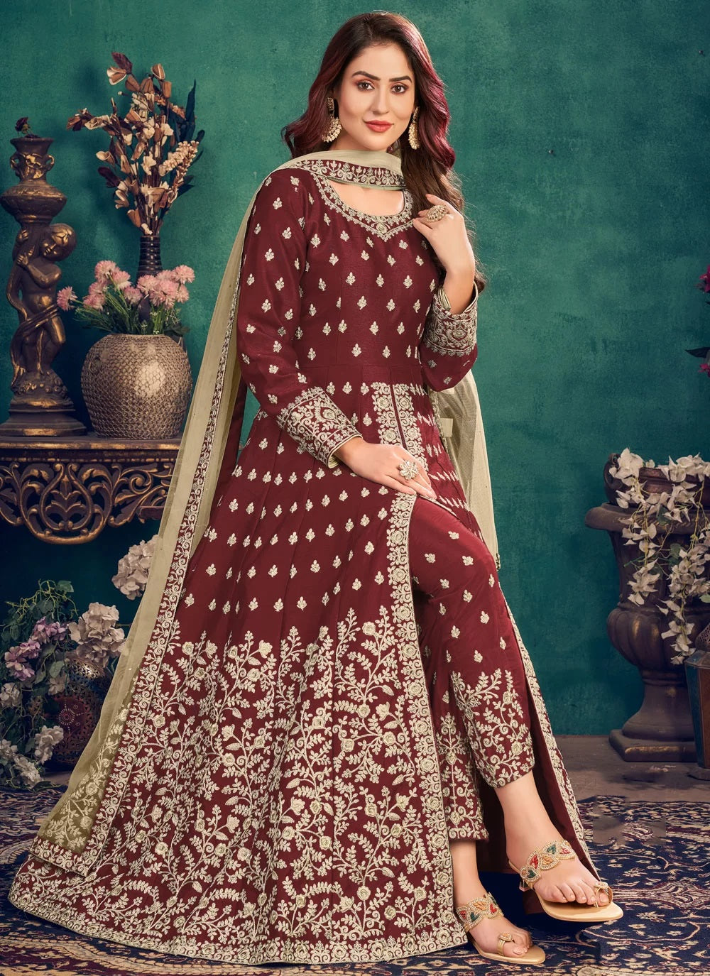 Maroon Art Silk Embroidery Slit Syle Anarkali Pant Suit