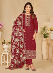 Maroon color straight cut Salwar kameez with sequins embroidery