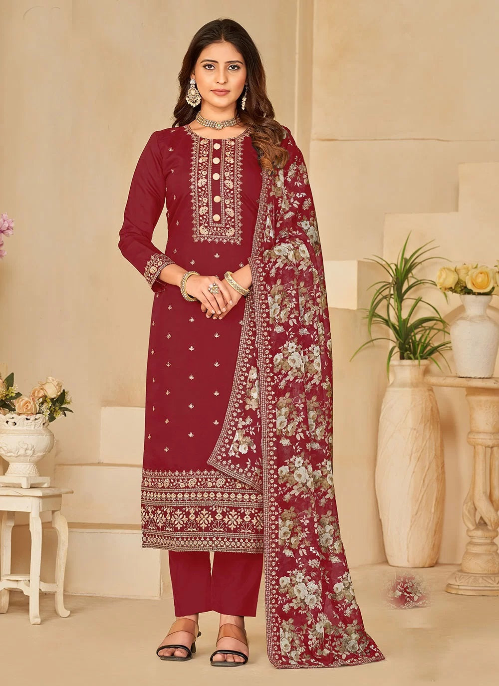 Maroon color straight cut Salwar kameez with sequins embroidery