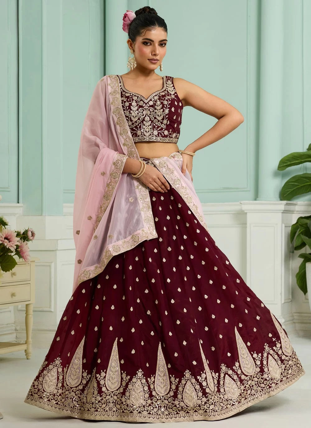 Maroon embroidered wedding lehenga choli in organza with heavy work
