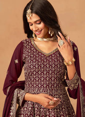 Gorgeous Maroon Faux Georgette Embroidered Eid Special Palazzo Salwar Suit