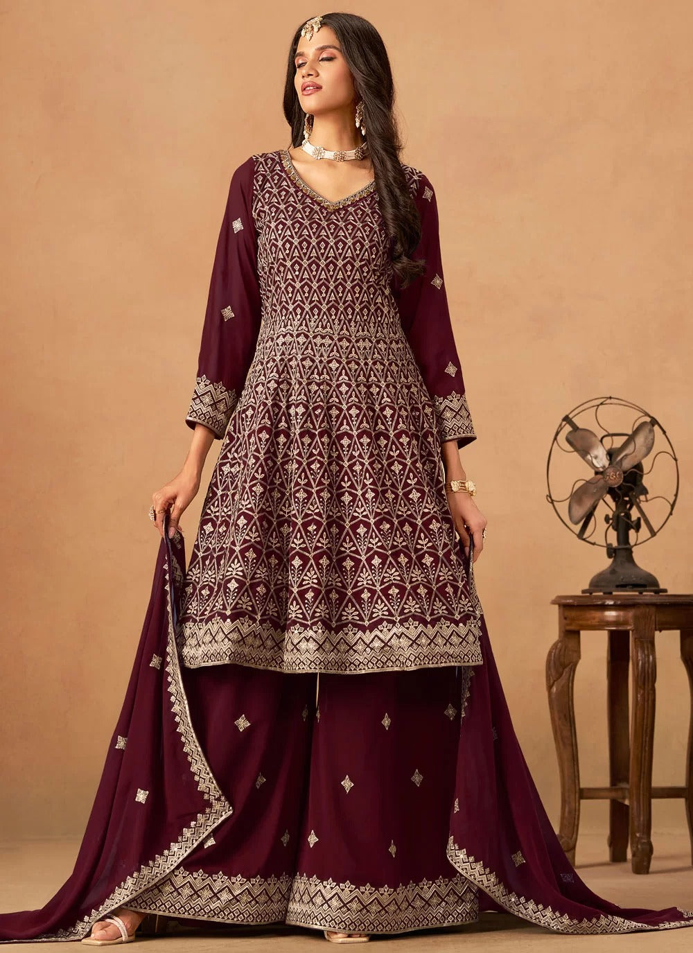 Maroon Faux Georgette Palazzo Suit with Front & Back Embroidery Work