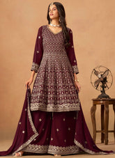 Maroon Faux Georgette Palazzo Suit with Front & Back Embroidery Work