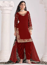 Maroon Punjabi Patiyala Suit with Real Mirror and Embroidery Work