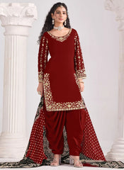 Maroon Punjabi Patiyala Suit with Real Mirror and Embroidery Work