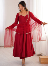 Maroon Roman Silk Chanderi Anarkali suit with net dupatta