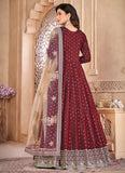 Maroon Taffeta Silk Embroidered Anarkali Suit