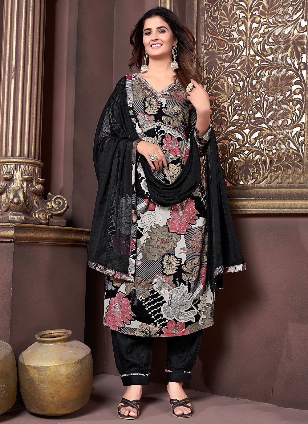 Marvelous Black Riyon Handwork Readymade Kurti set