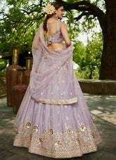 Mauve Poly Chiffon bridal lehenga under ₹8000 with sequins, coding embroidery, and chiffon dupatta