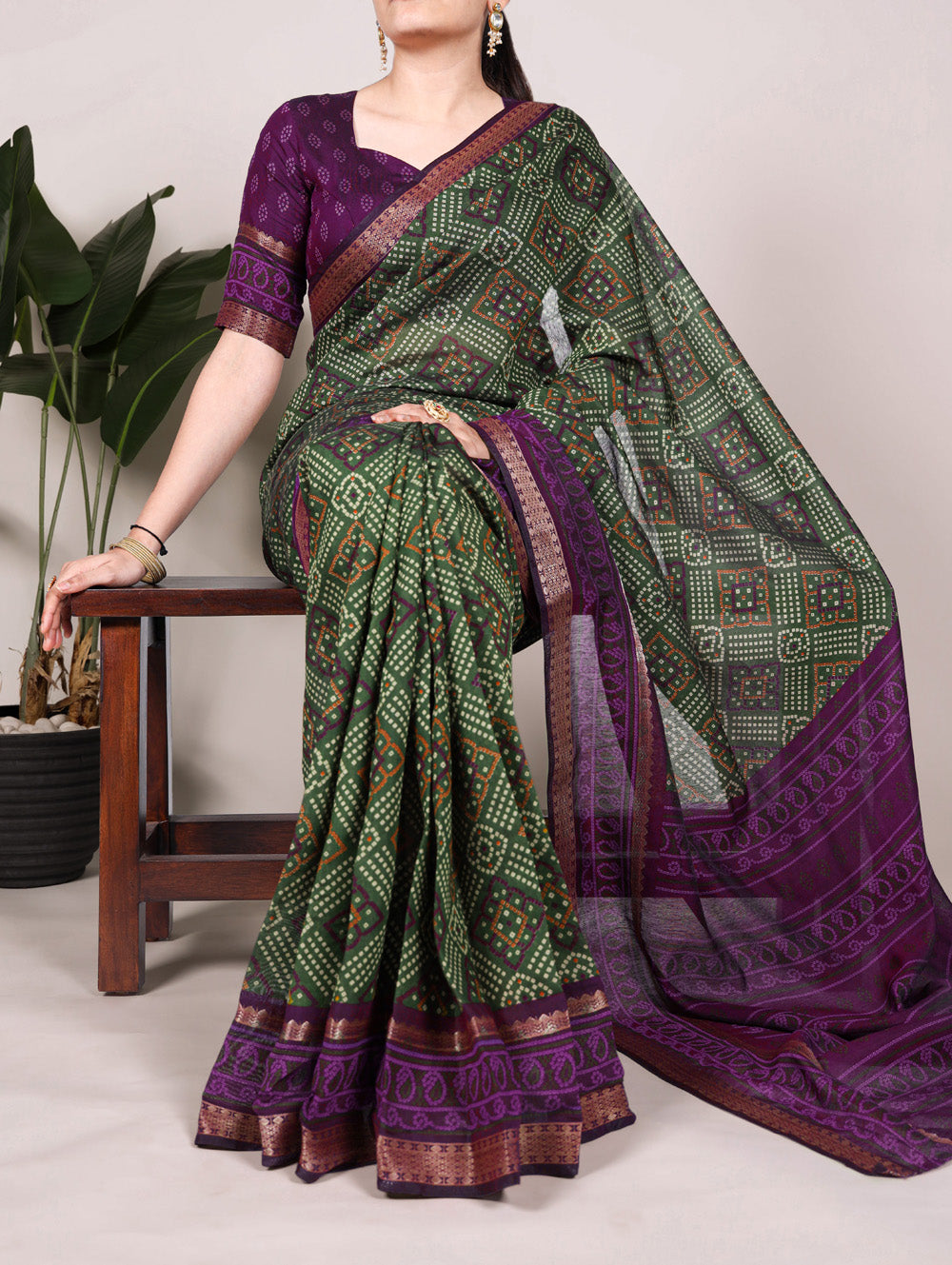 Mehandi viscose chanderi bandhej print saree