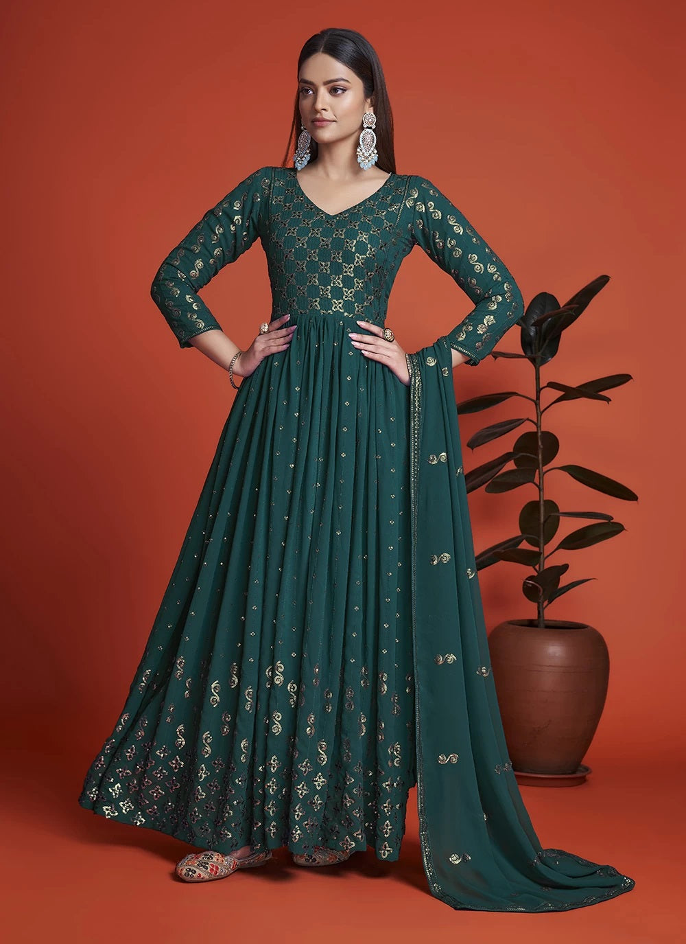 Mehendi Georgette Embroidery Party wear dresses for women