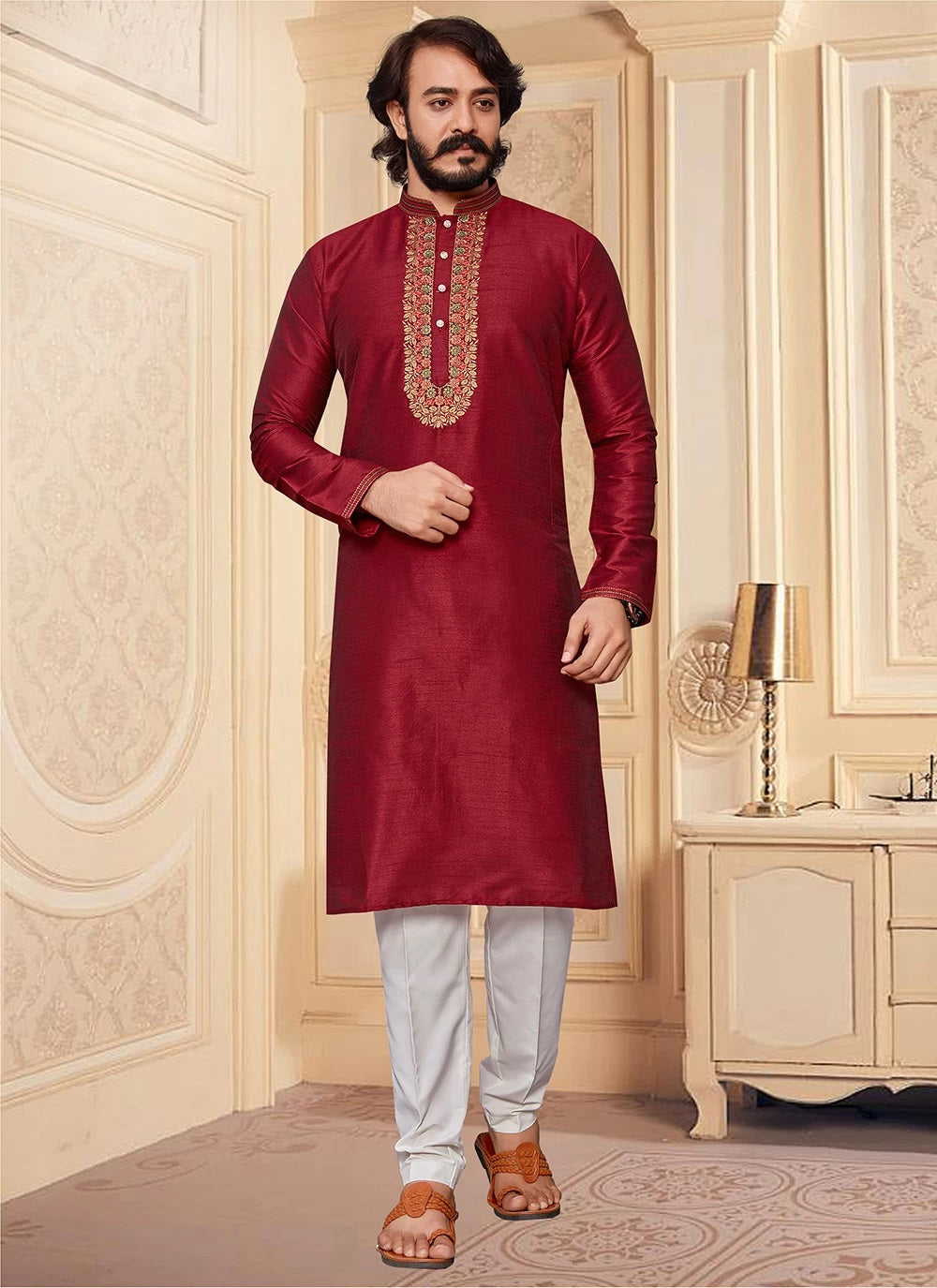 Mens Art Silk Kurta Pajama Set For Wedding Function In Maroon