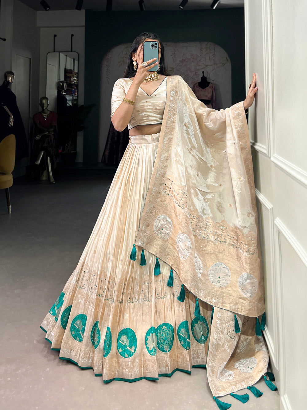 Pure shimmer stitched lehenga with mirror and moti work