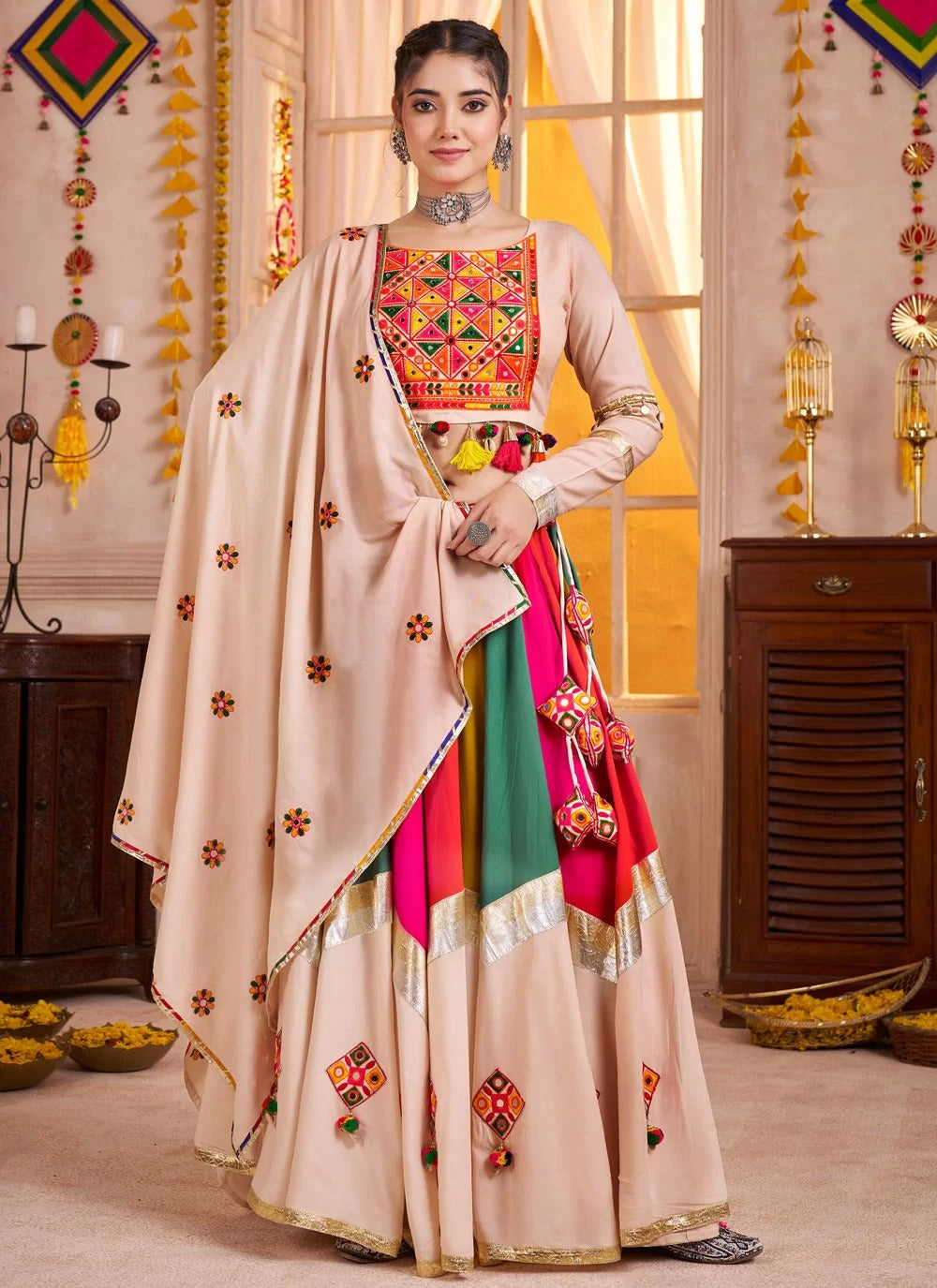 Multicolor beige Navratri lehenga choli with mirror and lampi work