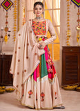 Multicolor beige Navratri lehenga choli with mirror and lampi work