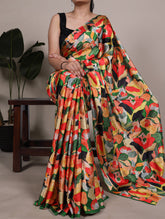 Floral print saree with black blouse