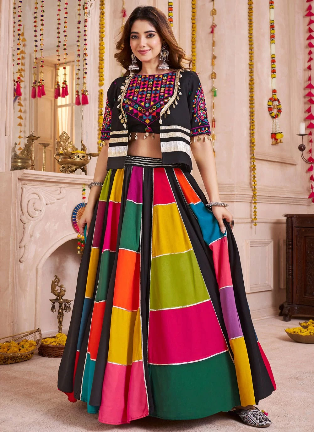 Multi color Navratri jacket chaniya choli with mirror work