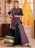 Black-purple dupatta with kutchi patchwork border and cotton tassels