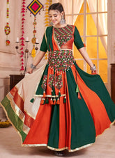 Multi color Navratri traditional lehenga choli with green kutchi blouse and green-orange dupatta