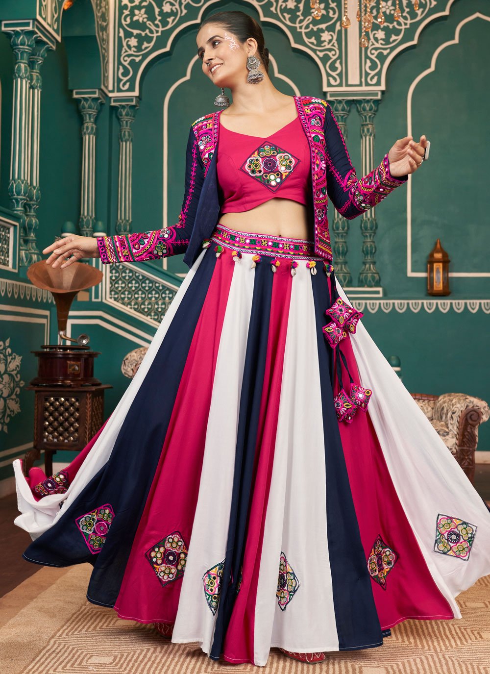 Multi Color Viscose Rayon Navratri Lehenga Choli with Embroidery