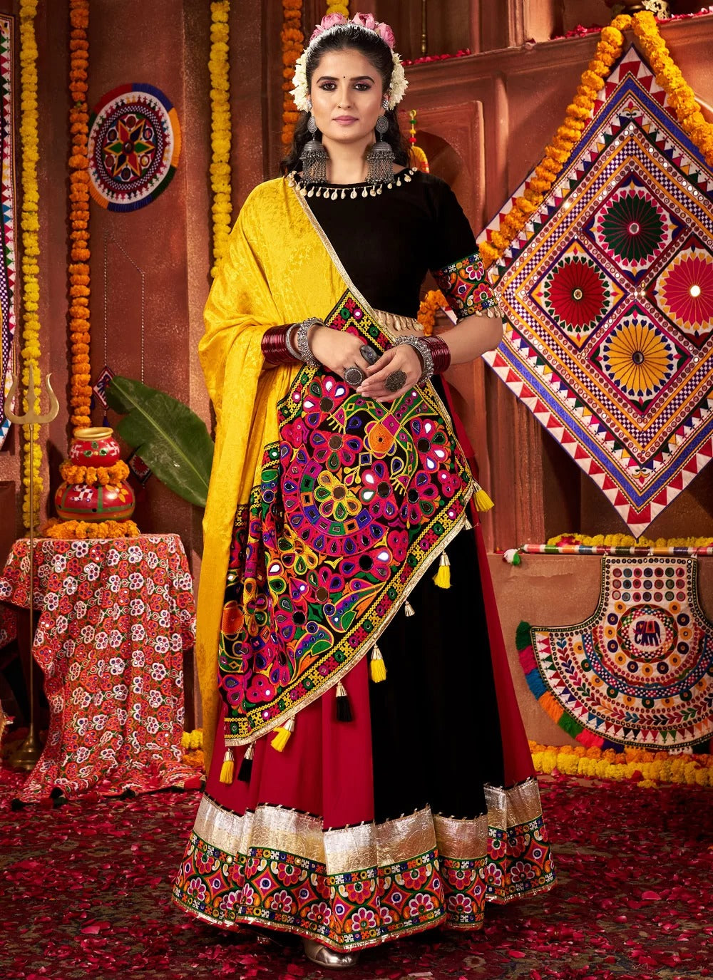 Navratri garba dress with mirror work and lampi border