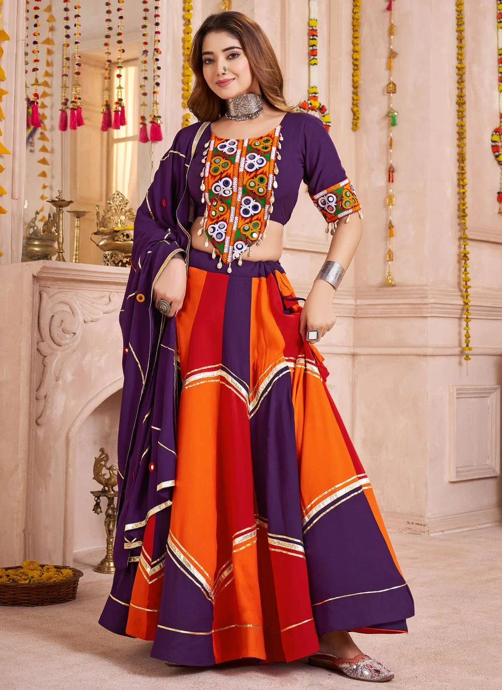 Multicolor Purple Viscose Cotton Ghagra Choli Online with Mirror and Kodi Work