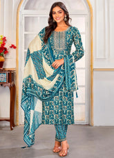 Multicolor Riyon embroidered designer suit with printed dupatta