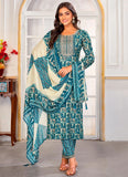 Multicolor Riyon embroidered designer suit with printed dupatta