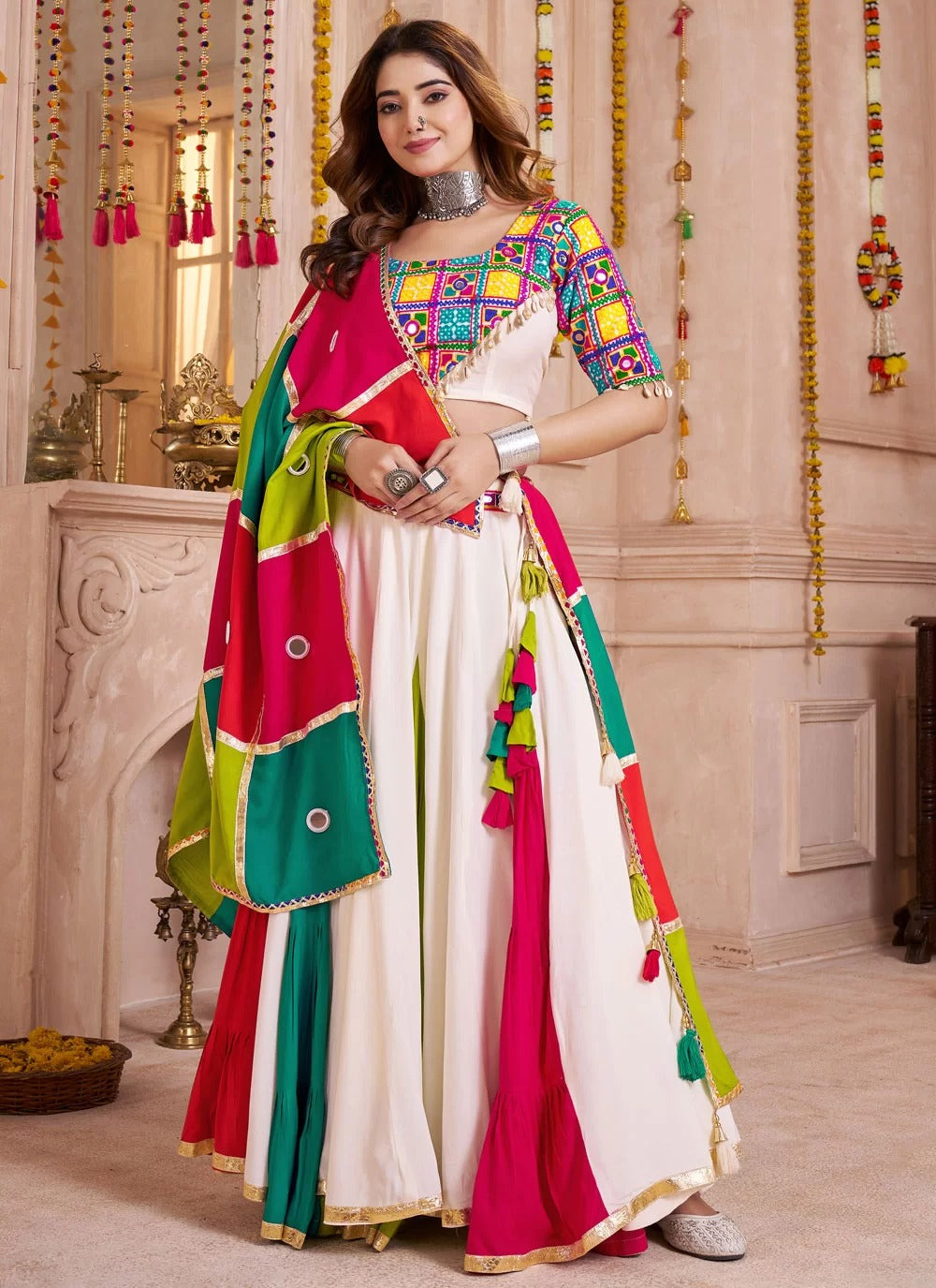 Multicolor White Mirror Work Viscose Cotton Navratri Lehenga Choli Outfit for Women