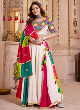 Multicolor White Mirror Work Viscose Cotton Navratri Lehenga Choli Outfit for Women