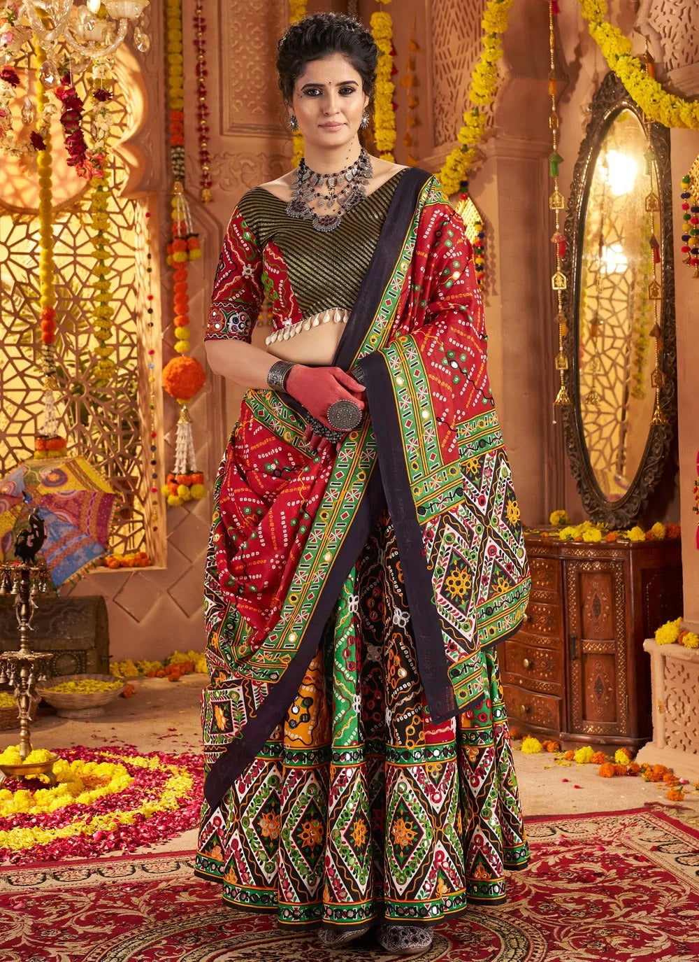 Multicolor stitched Navratri lehenga choli set with foil and aari work