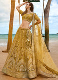 Mustard Bridal Net Sequins, Moti, Mirror and thread embroidery Lehenga choli