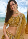 Mustard Bridal Net Sequins, Moti, Mirror and thread embroidery Lehenga choli