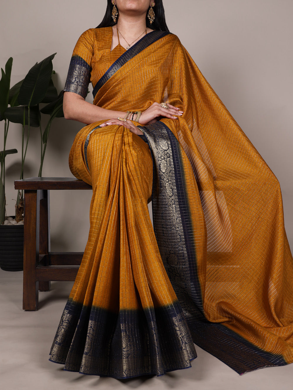 Mustard Dola Chex saree with zari weaving