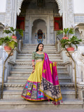 Mustard Color Kalamkari With Foil Work Tussar Silk Lehenga Choli