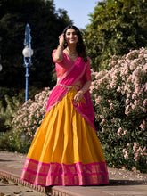 Mustard Kanchipuram silk lehenga choli with zari weaving