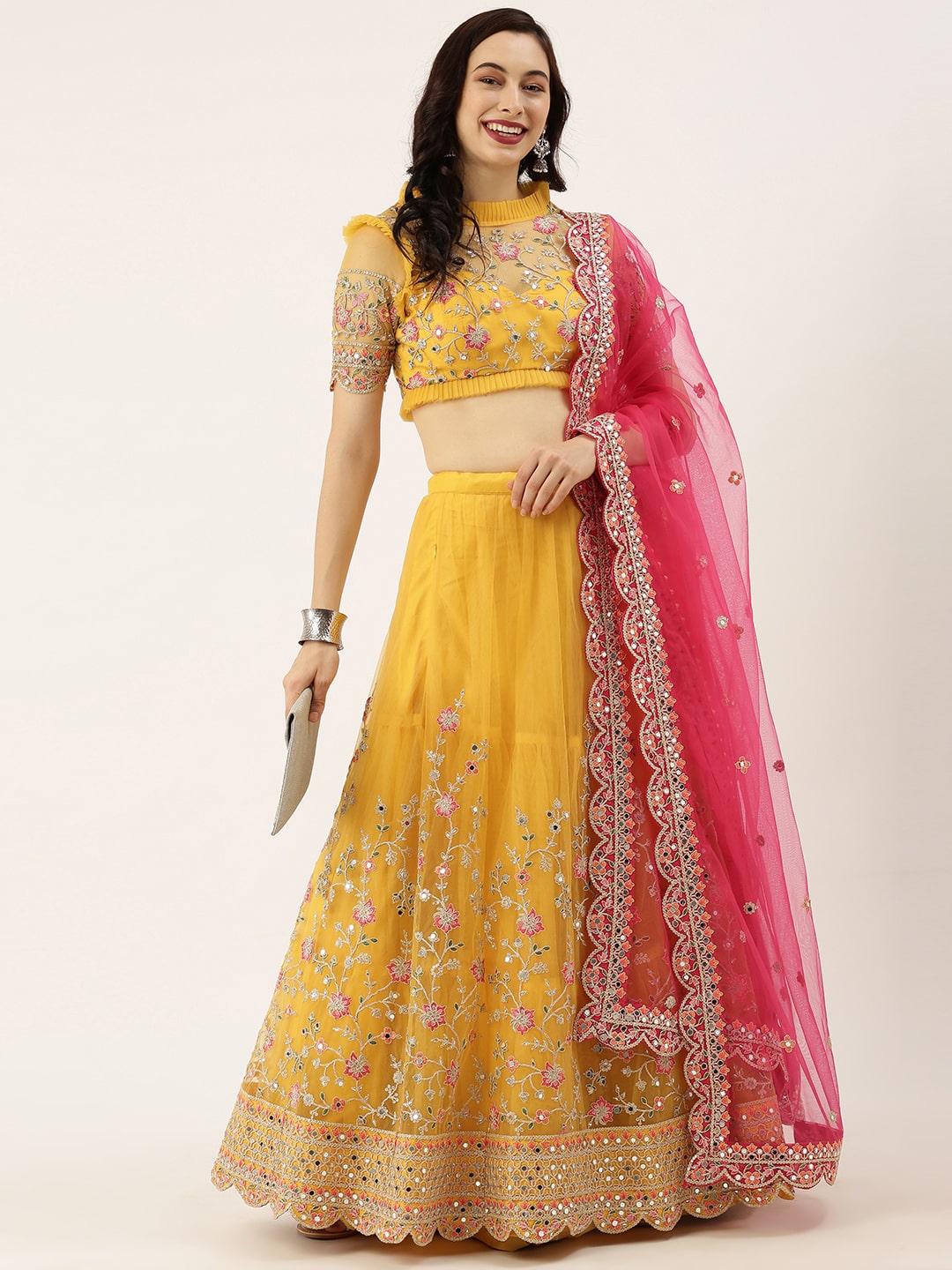 Mustard Color Net Sequins Mirror work Haldi wear lehenga choli