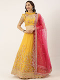 Mustard Color Net Sequins Mirror work Haldi wear lehenga choli