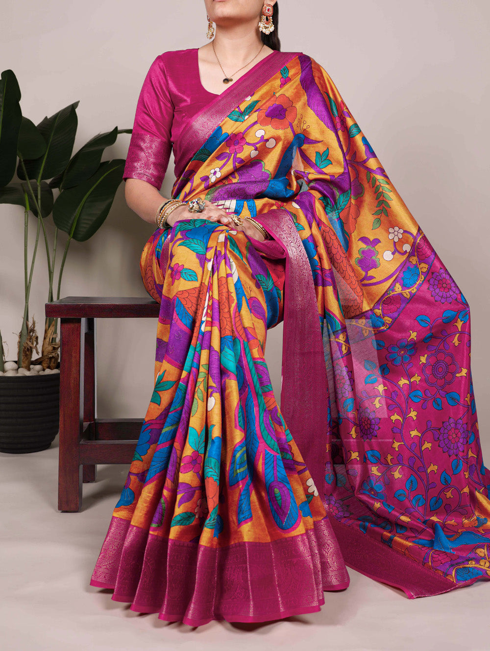 Mustard tussar silk saree with zari border