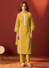 Cotton Embroidered Kurti for Women | Mustard Schiffli Kurti Set