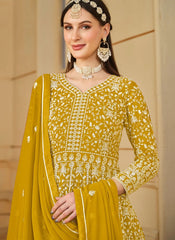 Festive Wear Anarkali Suit in Mustard | Embroidered Faux Georgette Ethnic Wear
