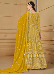Mustard faux georgette embroidered anarkali suit for wedding guests and festive wear