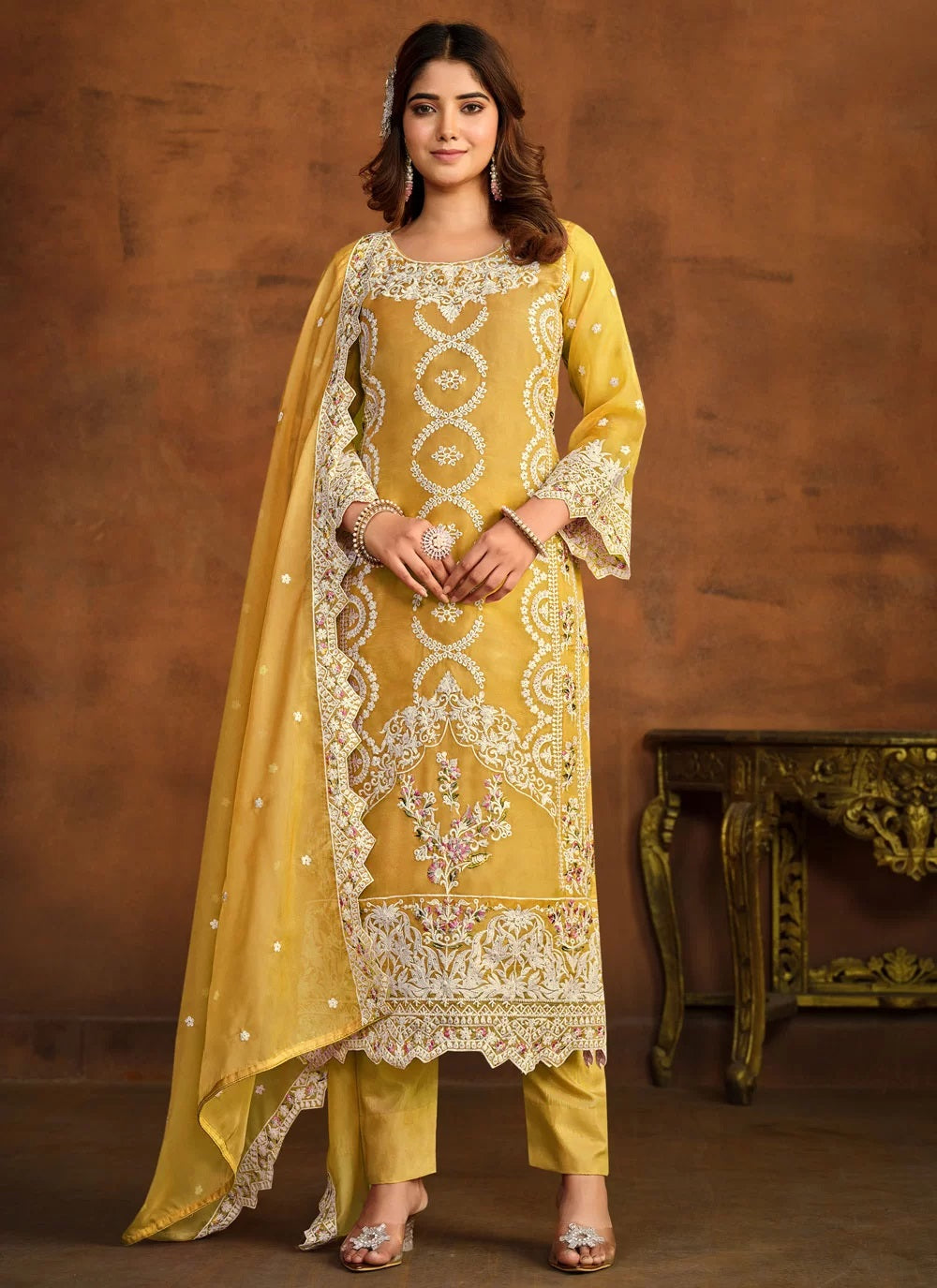 Mustard Organza Embroidered Straight Salwar Suit